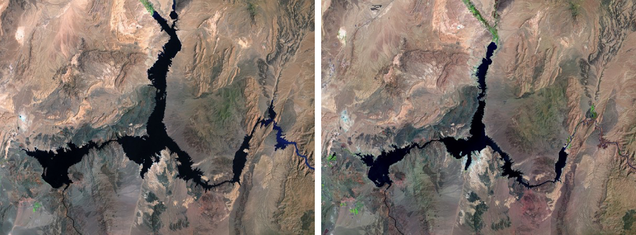 Lake Mead in 1984 (left) and 2016 (right). Hot, dry conditions have caused water to evaporate. Source: NASA/USGS